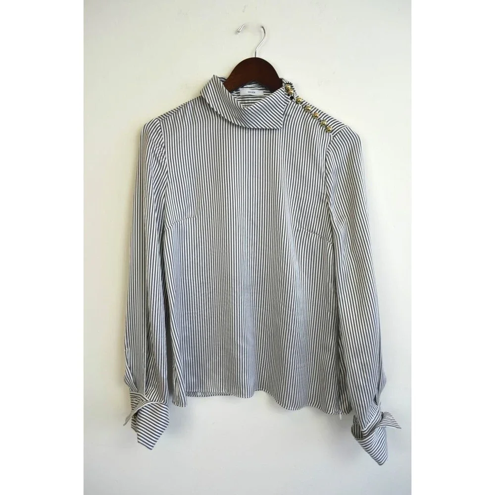 ERDEM Grey White Gold Cuff Link FLORINN Pin-Stripe Satin Blouse 6 US 10 42 38 36 - Picture 5 of 12